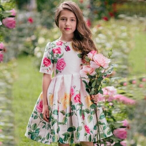 2019 Girls Flower Pleated Dresses Teenager Kids Baby Girl Birthday Party Wedding Princess Dress Childrens Rose Dress Clothing