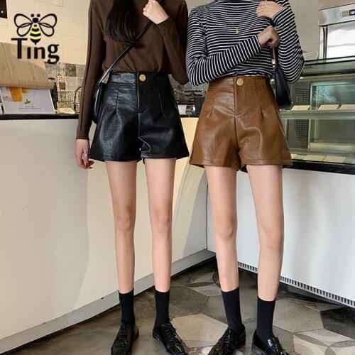 Tingfly PU Leather Shorts Women Cool Punk Casual Wide leg Shorts Spring Autumn Casual Loose Hight Waist Leather Shorts ZA Street