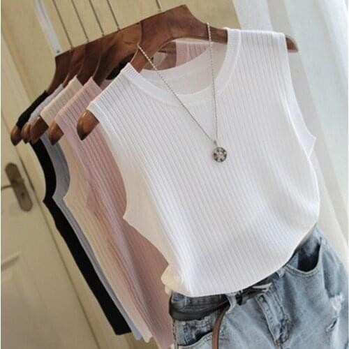 Summer thin knitted ladies wide shoulder strap round neck solid color vest top Casual sleeveless ice silk top
