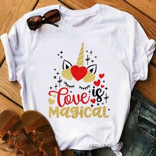 Golden Love Is Magical Graphic Print T-Shirt WomenS Clothing Vogue Unicorn Tee Shirt Femme Summer Fashion Tshirt Female Tops