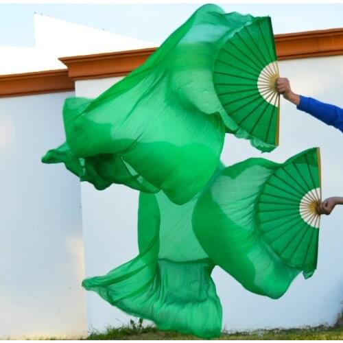 2016 High selling 100% Real Silk Veils 1 Pair handmade women Quality Silk Belly Dance Fan Dance green 180*90 cm