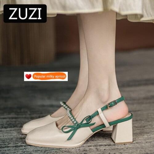 ZUZI WomenS Pumps 2021 New Style Summer Bow Knot Pearl Square Toe High Heels Mary Jane Thick Heel Sandals Womens Shoes