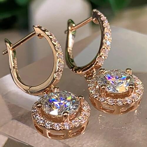 10K Rose Gold Women Drop Clip Hoop Earrings U Moissanite Diamonds 1 2 4 6 Carat Round Wedding Party Engagement Anniversary Gift