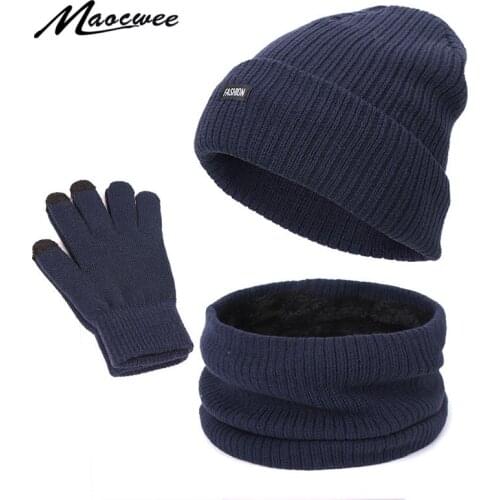 Women Scarf Hat Gloves Set Three-Piece Winter Warm Set Female Men Unisex Outdoor Casual Knitted Hat Plus Velvet Hat Scarf Set