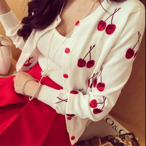Women Spring Autumn Fashion Long-sleeved Knitted Sweater Cherry Embroidery O-neck Sweater Cardigan Single-breasted Slim Tops