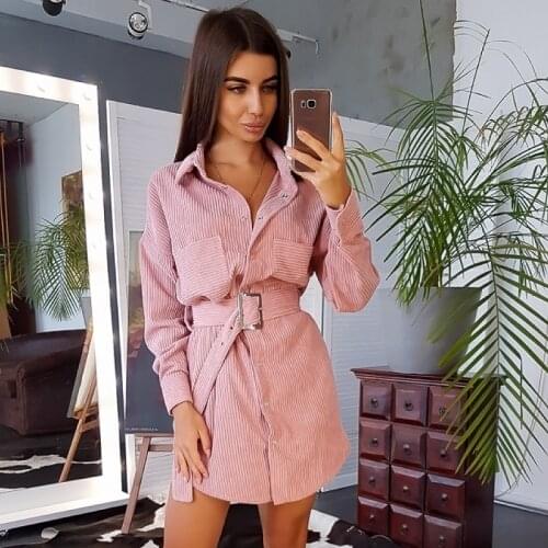 Women Vintage Sashes Dress Ladies Corduroy Long Sleeve Solid Color Elegant Dress 2020 New Fashion Autumn Winter Mini Dresses