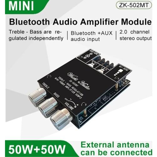 ZK-502MT 2*50W Bluetooth 5.0 Subwoofer Amplifier Board 2.0 Channel High Power Audio Stereo Amplifier Board AUX Bass Treble AMP