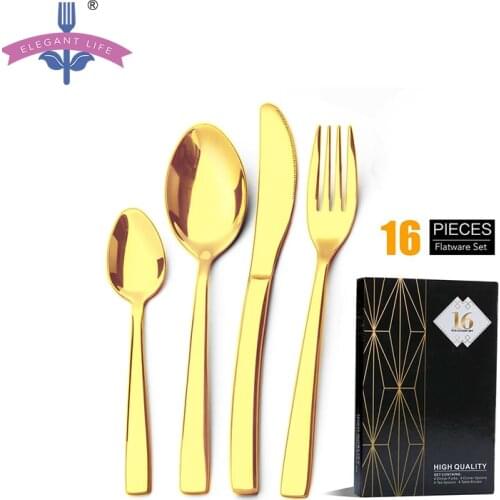 16 PCS Gold Cutlery Set Flatware Set Mirror Polishing Cutlery Sets Stainless Steel Polish Dinnerware Spoons/Knives/Fork Gift Box