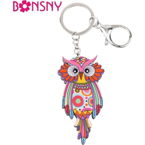 Bonsny Acrylic Animal Bird Jewelry Owl Key Chain Key Ring Pom Gift For Women Girl Bag Charm Keychain Pendant Jewelry Design