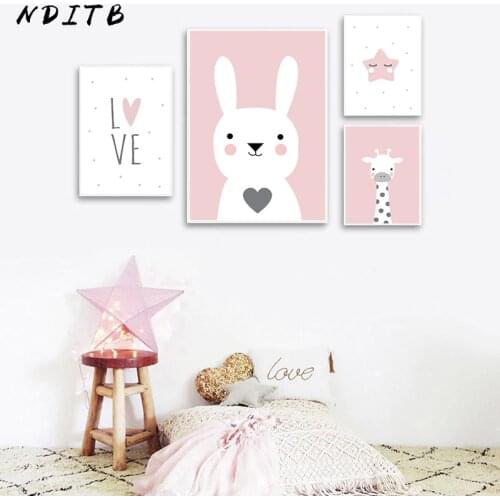 Baby Nursery Wall Art Canvas Print Poster Pink Cartoon Animal Giraffe Bunny Painting Nordic Kid Girl Bedroom Decoration Picture