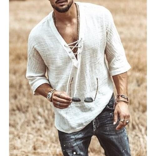 Natural Linen Mens T shirt Short Sleeves Chest Lace Up Tees Loose Fit Tops Summer V Neck Medieval Tunic For Men