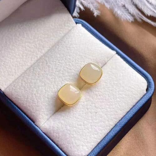 Natural Hetian Jade Small Square Stud Earrings for Women Small and Simple Exquisite Refined Grace All-Match Earrings for