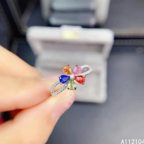 KJJEAXCMY fine jewelry 925 sterling silver inlaid natural color sapphire women fresh popular flower adjustable gem ring support
