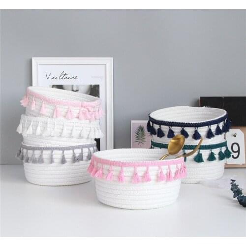 Cotton Rope Storage Baskets Nordic Style Desktop Sundries Organizer Handmade Woven Tassel Dirty Clothes Laundry Basket Hamper