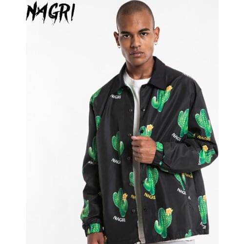 NAGRI Cactus Windbreaker Jacket Mens Print Casual Shirt Long Sleeve Streetwear Hip Hop Jacket Coat Oversized