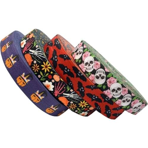 Ribbon wholesale/OEM 5/8'' 16mm Halloween Pumpkin Skull Bat sport printed folded over elastic FOE for hair tie