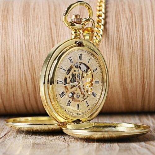 Bronze Steampunk Hand-wind Mechanical Pocket Watches Golden Smooth Skeleton Double Full Hunter Case Roman Number Men Women Gifts