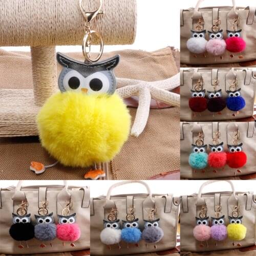 Lovely Ear Owl Keychains For Girls Boy Fluffy Fake Animal Fur Ball Pompon Key Chain Charm Women Bag Key Ring Teacher Gift