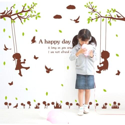 Girl And Boy Play On A Swing Wall Sticker Cute Birds Butterflies Grass Wallpaper For Kids Living Room TV Background Wall Mural