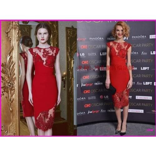 2016 New hot sexy Party gown beading Vestidos De Festa Lace appliques sheath prom dresses Evening Elegant red Cocktail Dresses