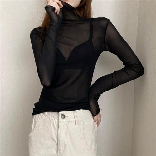 2021 New Girls Mesh T Shirts Tees Female Autumn Transparent Full Sleeve Turtleneck Thin Shirt Tops Undershirts Women