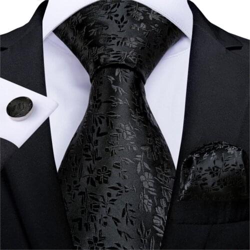 Gift Men Tie Black Solid Floral Silk Wedding Tie For Men DiBanGu New Designer Hanky Cufflink Business Men Tie Set Party MJ-7273