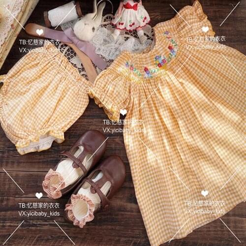 Baby girl summer vintage plaid smocking princess kids embroidered casual puff sleeve birthday party dress