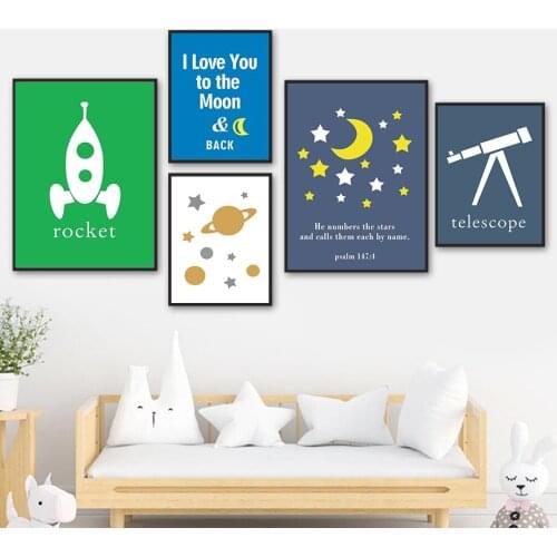 Rocket Moon Star Earth Universe Telescope Quote Wall Art Canvas Painting Nordic Posters And Prints Wall Pictures Kids Room Decor