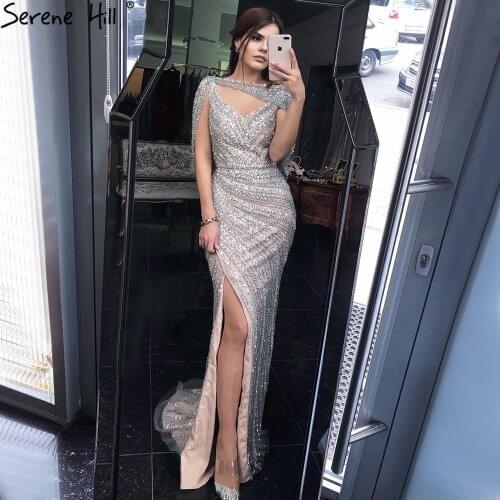 Serene Hill Silver Nude Luxury Mermaid Evening Dresses Gowns 2020 Beading Sparkle Elegant For Women Party LA70752