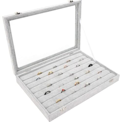 SZanbana Ice Grey Velvet Clear Lid 7 Slots Jewelry Rings Earrings Tray Showcase Display Organizer -Large