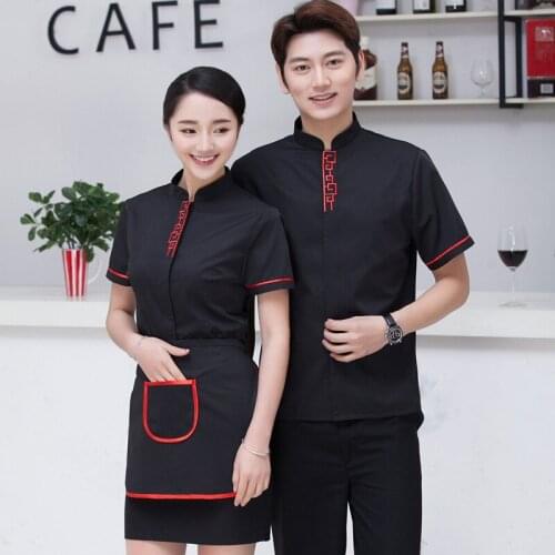 Chinese Restaurant Waiter Workwear Summer Short Sleeve Food Service Waiter Uniforms Cafe Shop Work Clothing for Women Men