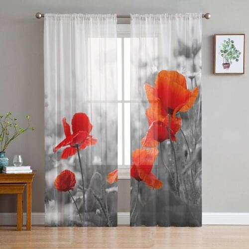 Poppy Flower Red Window Curtains Bedroom Modern Drape Sheer Tulle Valances Living Room Kitchen Voile Curtain