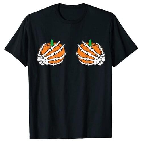 Halloween Womens Boob Pumpkin Skeleton Hand T-Shirt