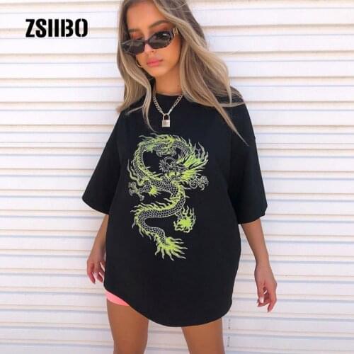 Vintage summer new dragon print casual fashion punk big size tops loose goth streetwear T-shirt hip hop women short sleeve tees