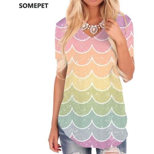 SOMEPET Colorful T-shirt women Rainbow Tshirts Printed Abstract Shirt Print Stripe V-neck Tshirt Womens Clothing Summer Printed