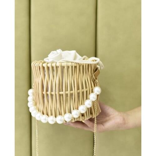 Pearls Handbag Women Summer Beach Bags Woven Straw Rattan Oblique Cross Circular Rattan Bag