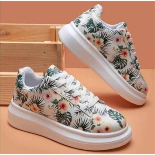 New Floral Sneakers Women 2021 Spring Fashion Lace Up Ladies Comfortable Casual Shoes Outdoor Female Sport Running White Flats