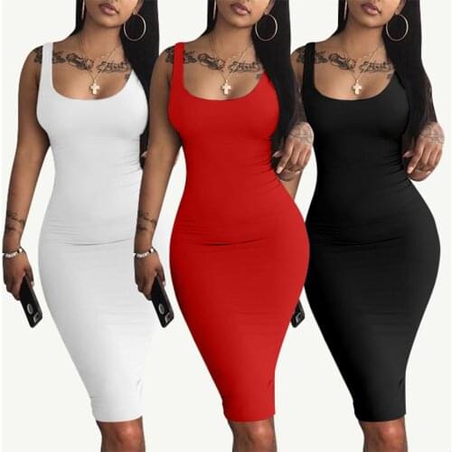 Womens Sexy Bodycon Tank Dress Sleeveless Basic Midi Club Dresses