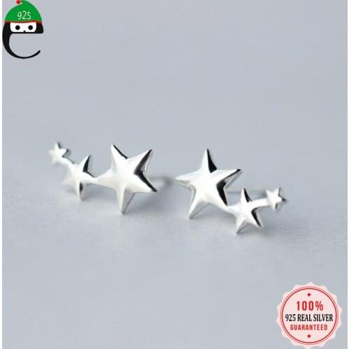 ElfoPlataSi 100% 925 Solid Sterling Silver Cute 8mmX13mm 3 Star Stud Earring For Women Creative Fashion Jewelry XY909