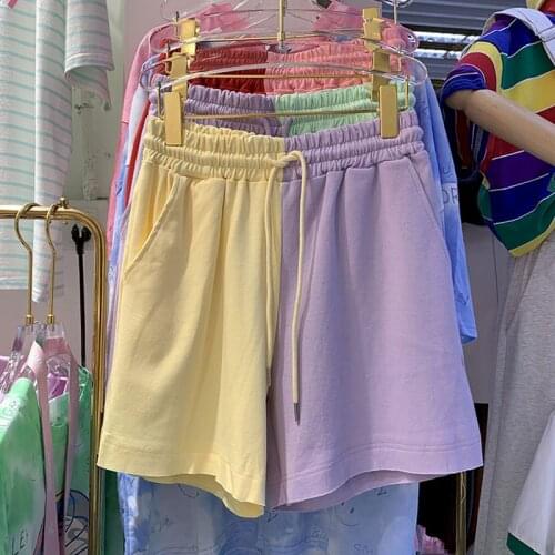 Womens Shorts Korean Hit Color Loose Straight Elastic Waist Pants Casual Design Shorts Womens Tide Pure Cotton 2021 Summer New