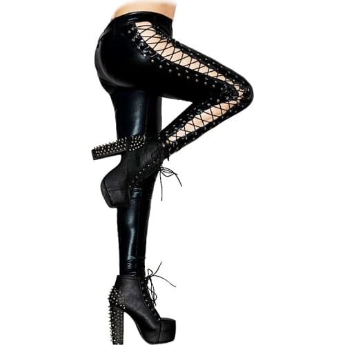 Womens Wet Look High Street Sexy Clubwear Moto Punk Leather Side Lace up Leggings Stretchy Skinny Pants Long Trousers