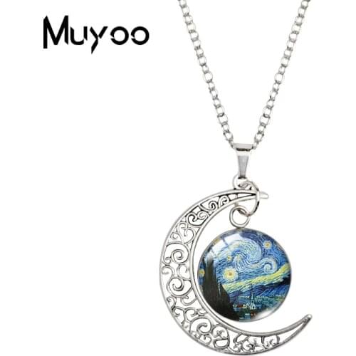 2021 New Van Gogh Starry Night Moon Necklace Pendant Art Painting Glass Cabochon Pendants Jewelry Art Printed Link Chain