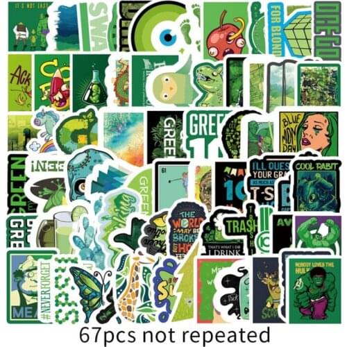 67 Pcs Funny Stickers Cartoon Green Skull Graffiti Sticker for Skateboard Laptop Luggage Cool PVC Car Stickers