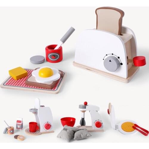 QWZ Kids Wooden Pretend Play Sets Simulation Toasters Bread Maker Coffee Machine Blender Baking Kit Game Mixer Kitchen Role Toy
