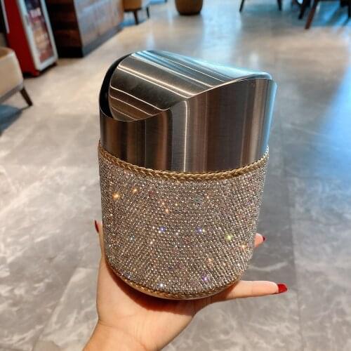 Inlay Rhinestones Car Trash Can Sparkling Dustbin for Bedroom Stainless Steel Office Desk Trash Can Small Metal Storage Baskets