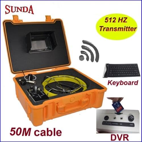 SUNDA security pipe inspection camera 512hz transmitter 7"digital screen DVR recording keyboard 50meter cable waterproof camera