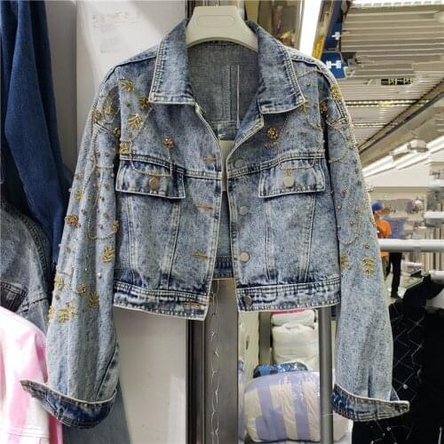 Autumn New Korean Diamond High Waist Short Denim Jacket Coat Women Vintage Blue Outerwear Loose Jeans Jacket Female Streetwear