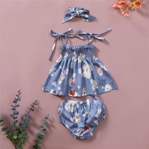 0-18M Summer Baby Girls Sleeveless 3Pcs Outfits Toddler Chiffon Blue Print Strappy Tank Tops + Elastic Waist Shorts + Hairband