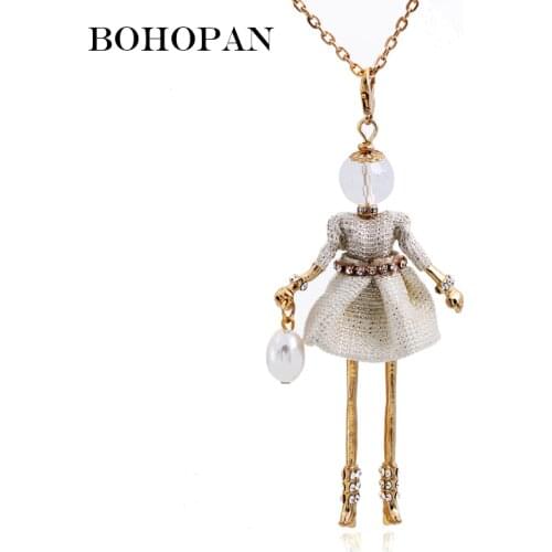 Metal Doll Necklace Rhinestone Design Pearl Handbag Gold Dress Doll Long Necklace Girl Charm Maxi Jewelry Sweater Chain Bijoux