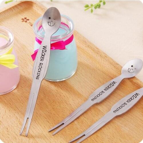 Fashion Smiley Stainless Steel Fruit Forks Dual Spoon 3 Pcs/Lot High Quality Tableware Long-handled Cake Dessert Spork